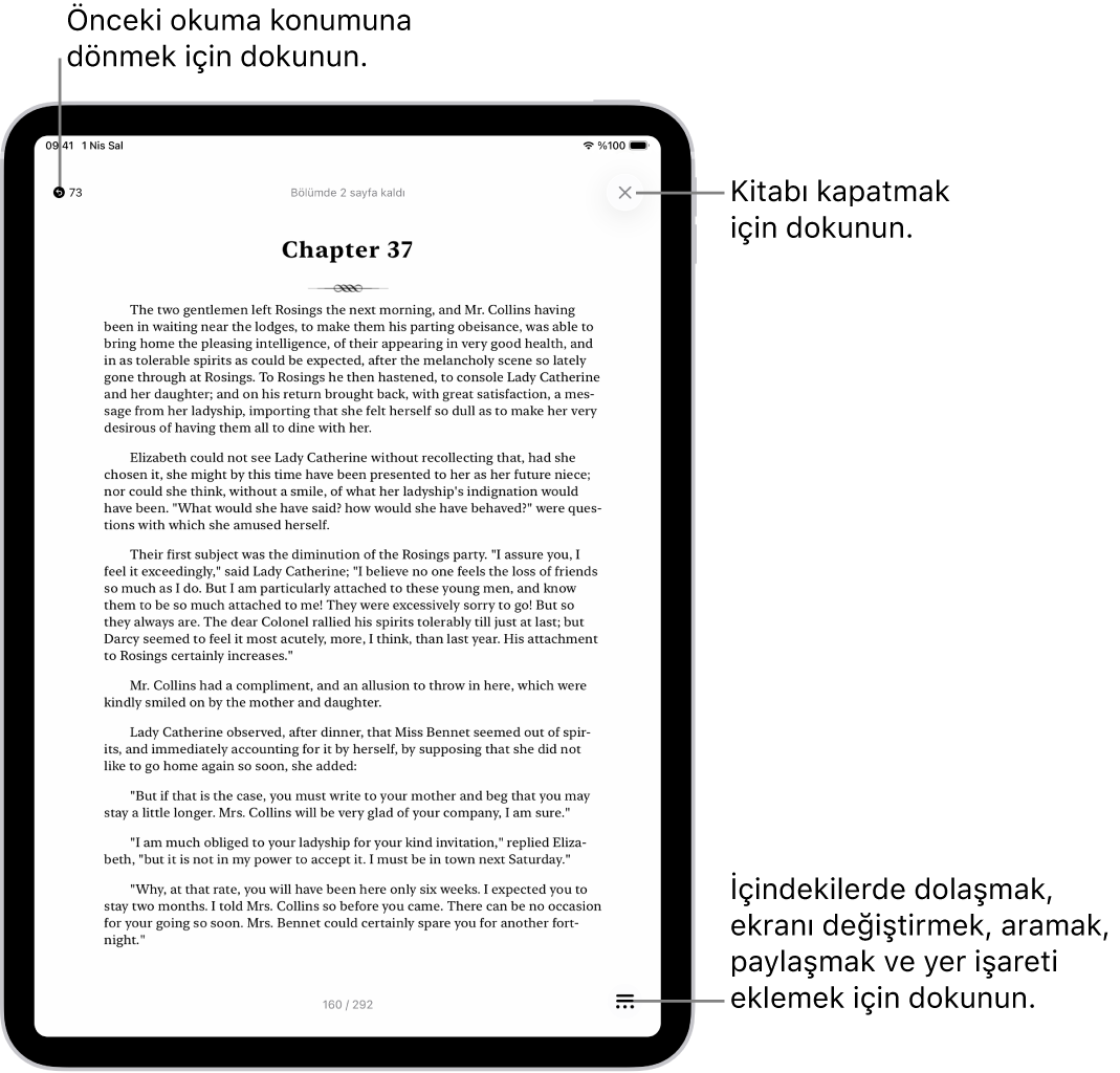 Kitaplar uygulamasındaki bir kitabın sayfası. Ekranın en üstünde, okumaya başladığınız sayfaya dönme ve kitabı kapatma düğmeleri var. Ekranın sağ alt tarafında Menü düğmesi var.