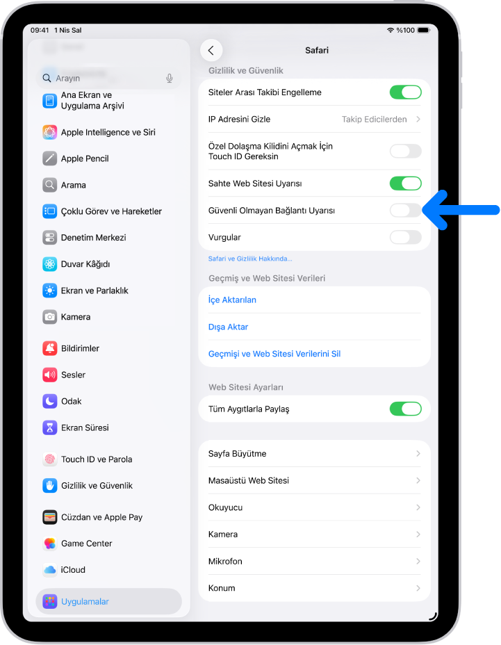 Ayarlar’daki Safari ekranında Gizlilik ve Güvenlik’in altında bulunan Güvenli Olmayan Bağlantı Uyarısı denetimi.