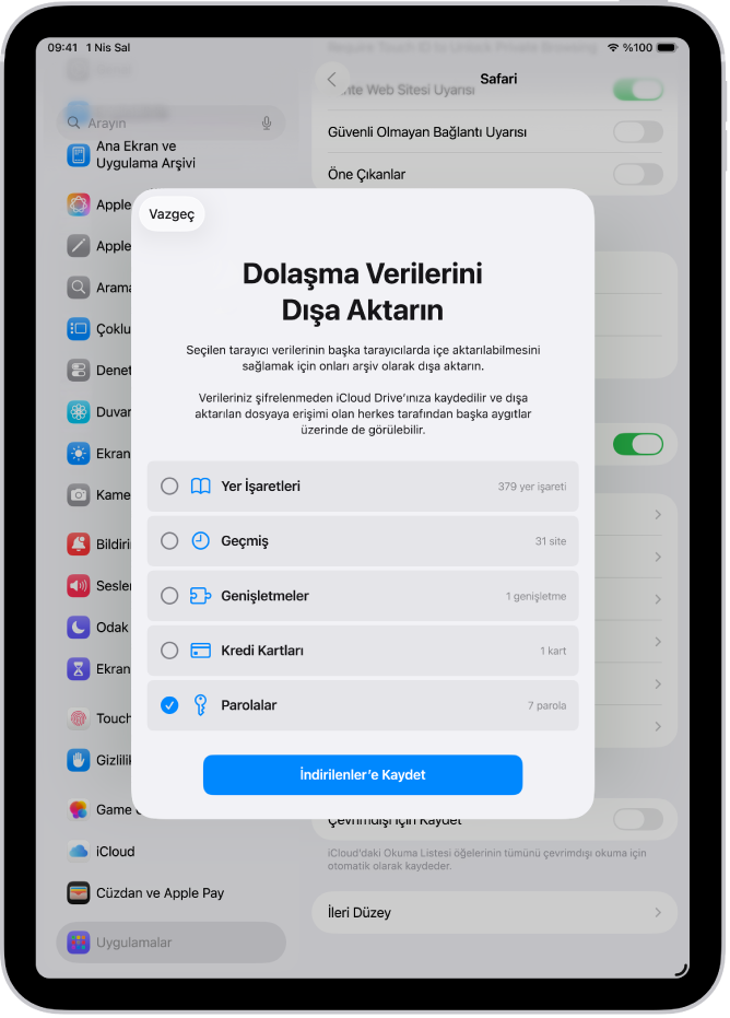 Dolaşma Verilerini Dışa Aktarın ekranında, başka bir parola yöneticisine aktarmak için Parolalar seçeneği seçili.