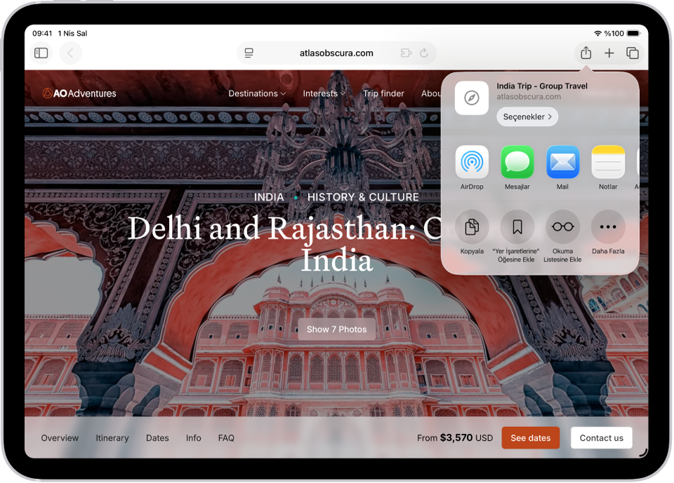 Açık bir web sayfası. Paylaş düğmesine dokunuluyor ve AirDrop, Mesajlar, Mail, Notlar, Kopyala, Yer İşaretlerine Ekle, Okuma Listesi’ne Ekle ve Daha Fazla seçenekleri gösteriliyor.
