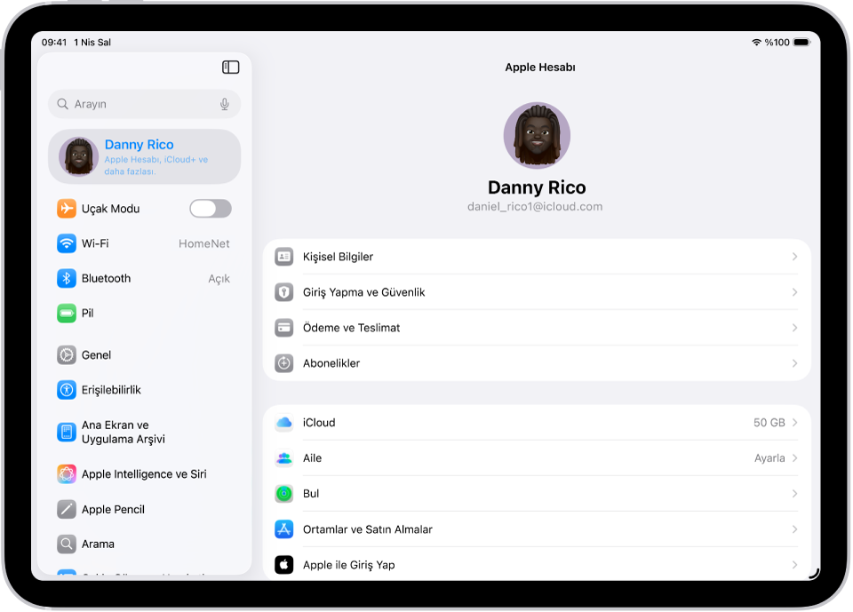 Kişisel bilgiler, abonelikler, Bul vb. seçeneklerin listesiyle birlikte gösterilen Apple Hesabı Ayarları.