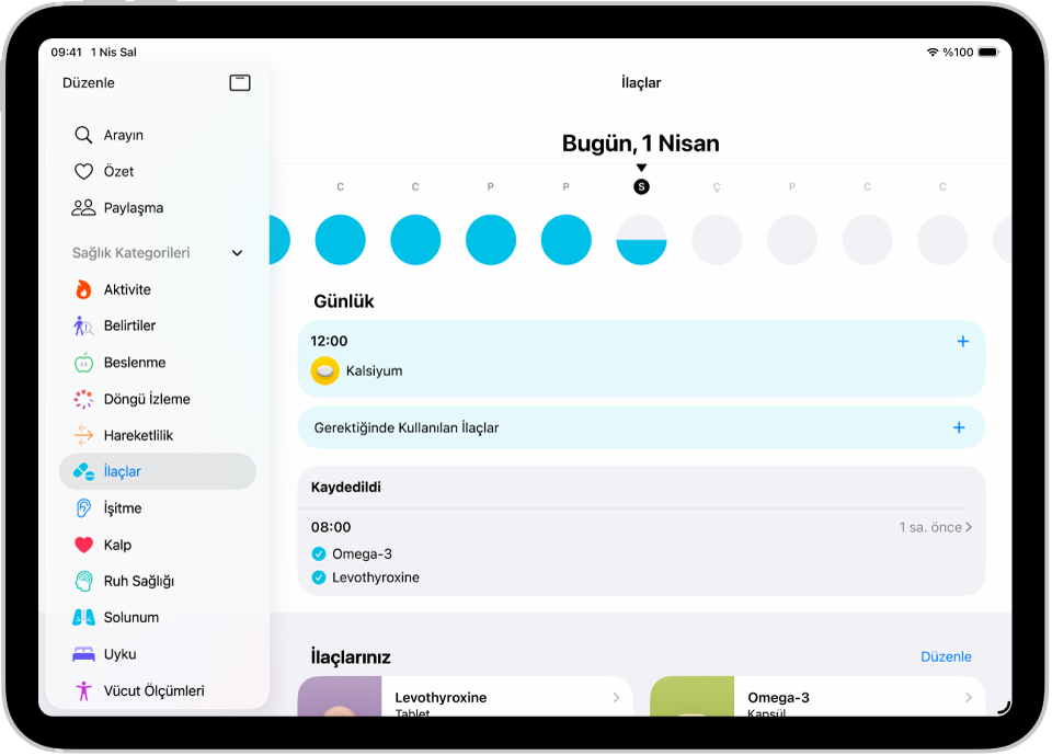 Sağlık’taki İlaçlar ekranı, ilaçlar için tarih ve günlük gösteriyor.