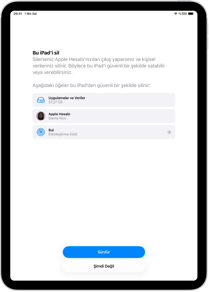 Bu iPad’i Sil ekranı.