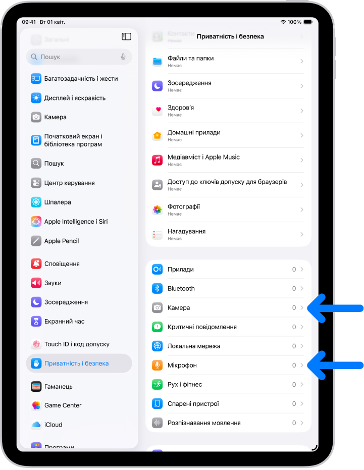На екрані «Приватність і безпека» показано параметри надання програмам доступу до камери, мікрофона й інших функцій на iPad.
