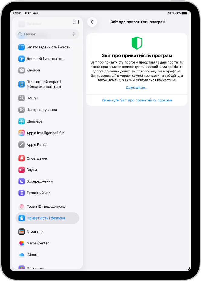 Екран «Звіт про приватність програм», на якому можна ввімкнути звіт про те, як часто програми використовують дозволи, які ви їм надали, а також про їхню активність у мережі.