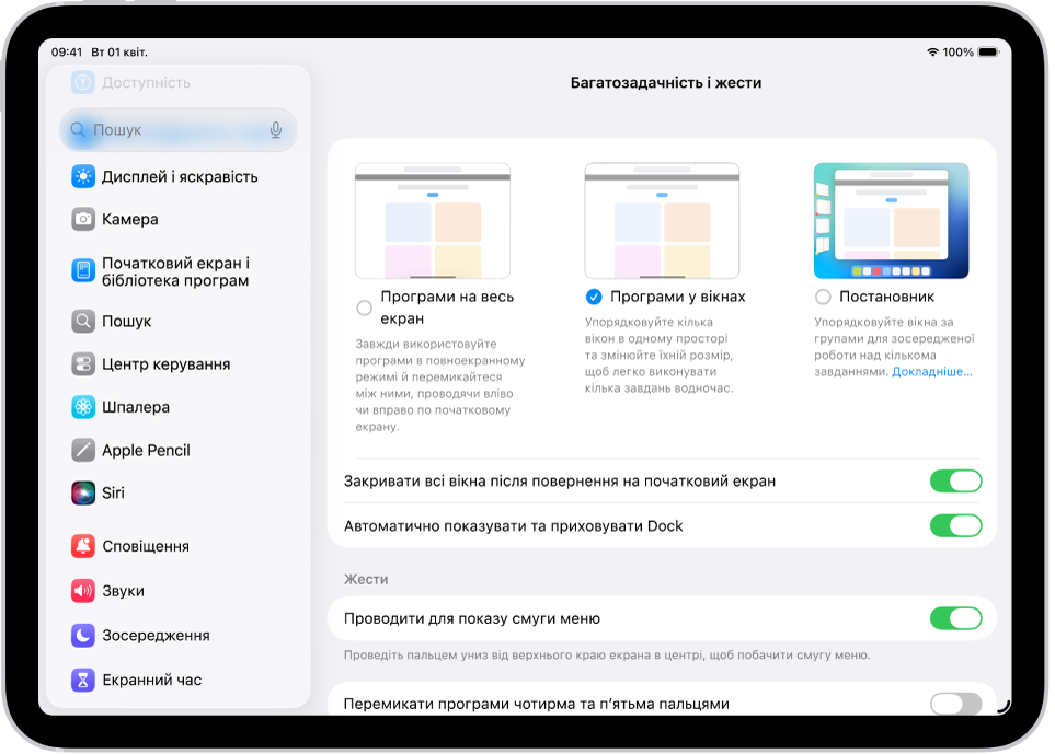 Вікно iPad з параметрами «Багатозадачність і жести».