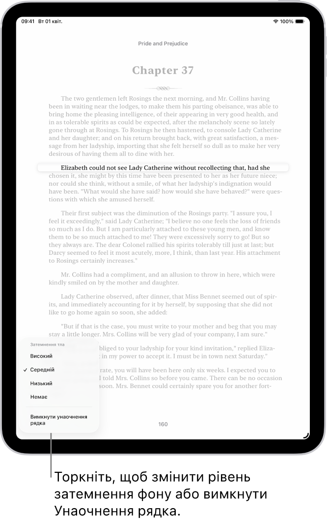 Сторінка книги в програмі «Книги». Виділено один рядок, а решту тексту затемнено. У нижньому лівому куті екрана відображається кнопка «Меню унаочнення рядка».