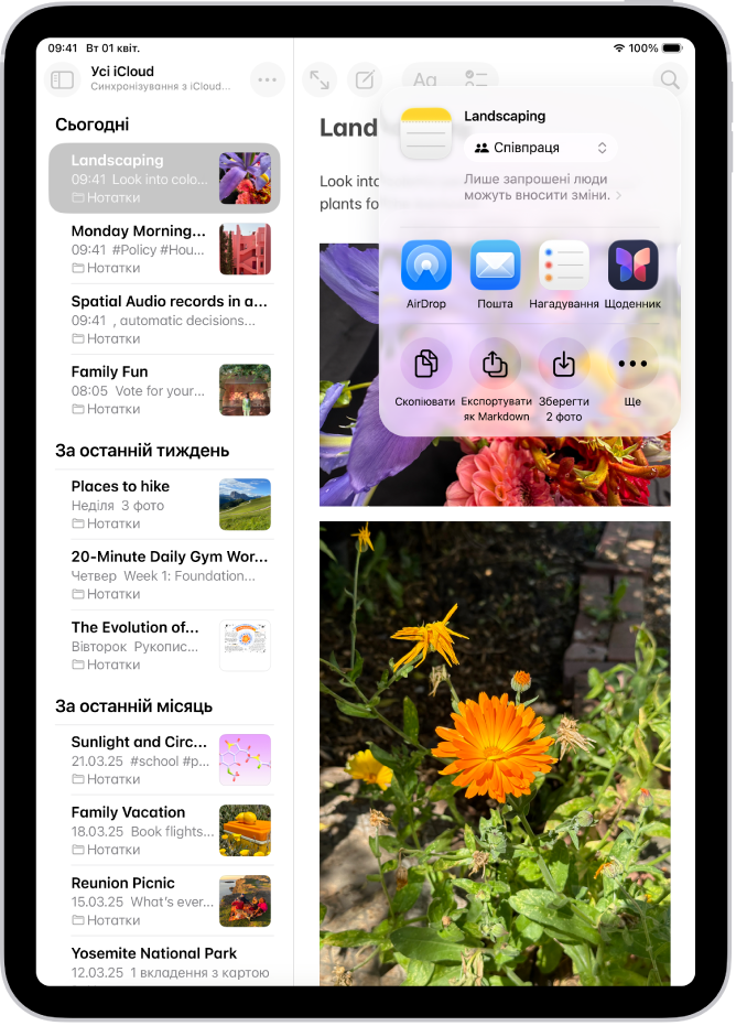 Екран поширення фотографії з варантами поширення прямо під відкритою фотографією, зокрема кнопка «Ще» для змінення способів поширення