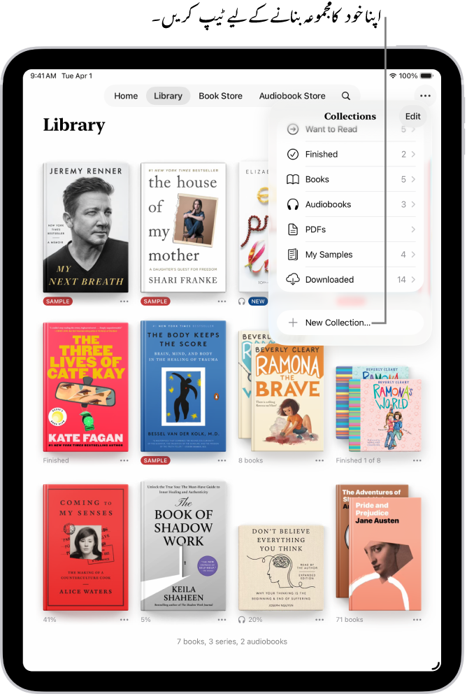 کتاب ایپ میں لائبریری اسکرین۔ اسکرین کے اوپری حصے میں “مجموعہ” مینو کھلا ہے اور آڈیوبک اور PDF جیسے اختیارات دکھائے جا رہے ہیں۔