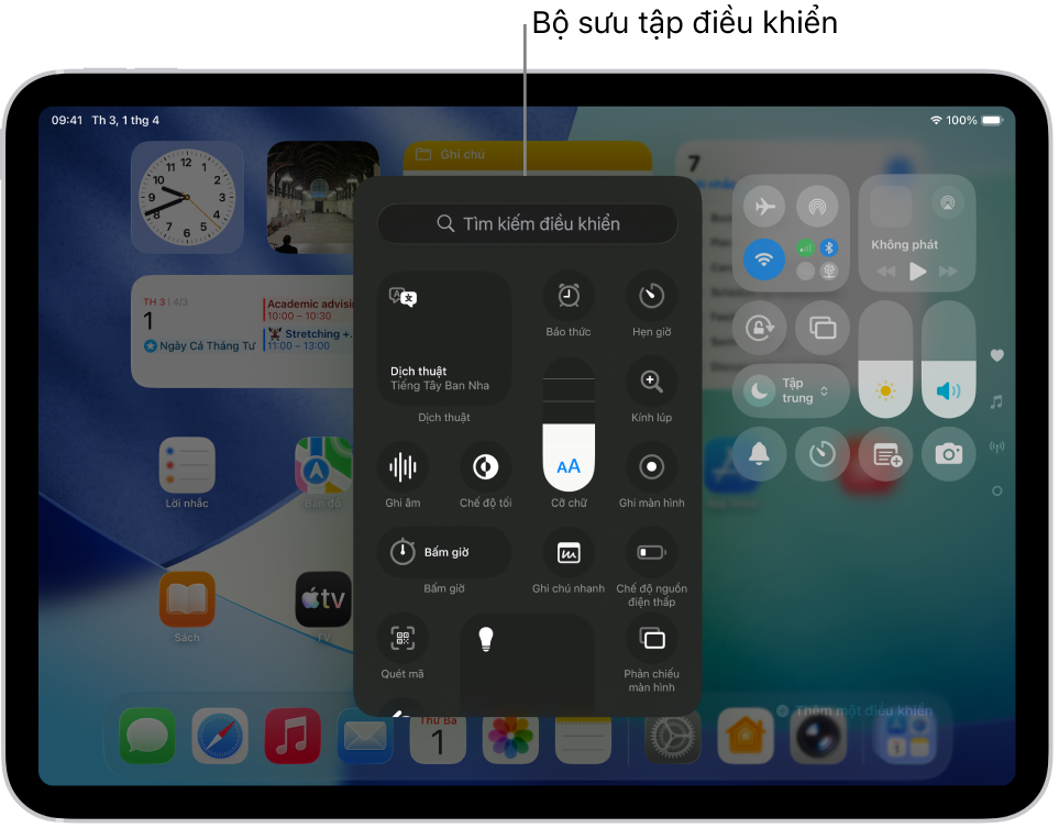 Trung tâm điều khiển ở chế độ sửa, với bộ sưu tập điều khiển đang mở, hiển thị tất cả các điều khiển có sẵn.