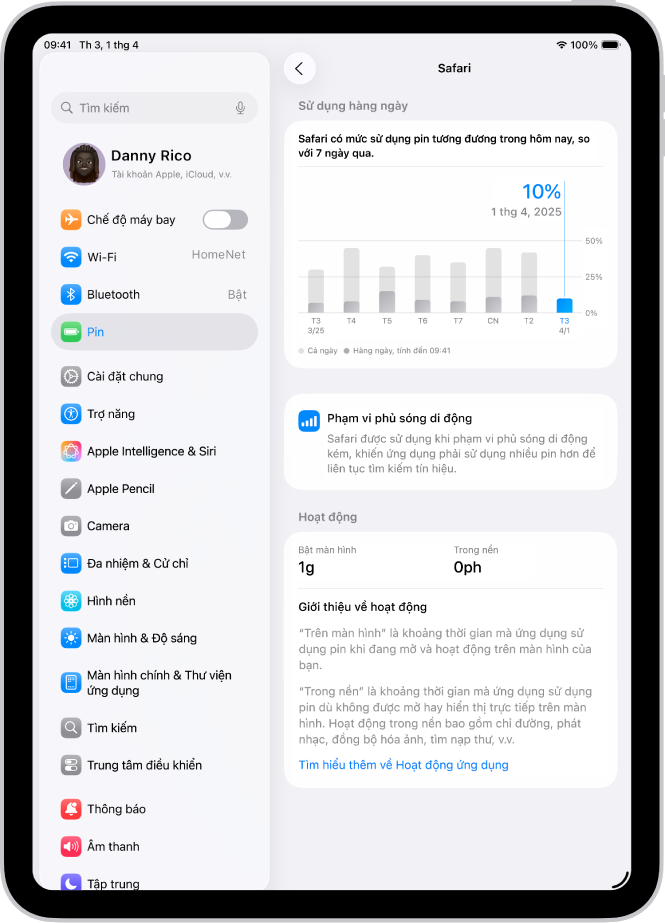 Màn hình Pin trong Cài đặt trên iPad, đang hiển thị mức sử dụng pin chi tiết cho ứng dụng Safari. Màn hình bao gồm một đồ thị về mức sử dụng hàng ngày, một ghi chú về tác động của vùng phủ sóng di động đến thời lượng pin, cũng như chi tiết về thời gian hoạt động Trên màn hình và Trong nền của ứng dụng.