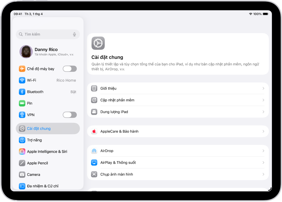Màn hình chính của iPad với một vài biểu tượng ứng dụng, bao gồm biểu tượng ứng dụng Cài đặt mà bạn có thể chạm để thay đổi âm lượng âm thanh, độ sáng màn hình, v.v của iPad.