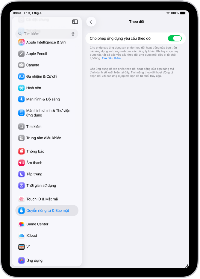 Màn hình Theo dõi, với cài đặt để kiểm soát việc ứng dụng có thể xin phép theo dõi bạn trên các trang web hoặc ứng dụng do các công ty khác sở hữu hay không.