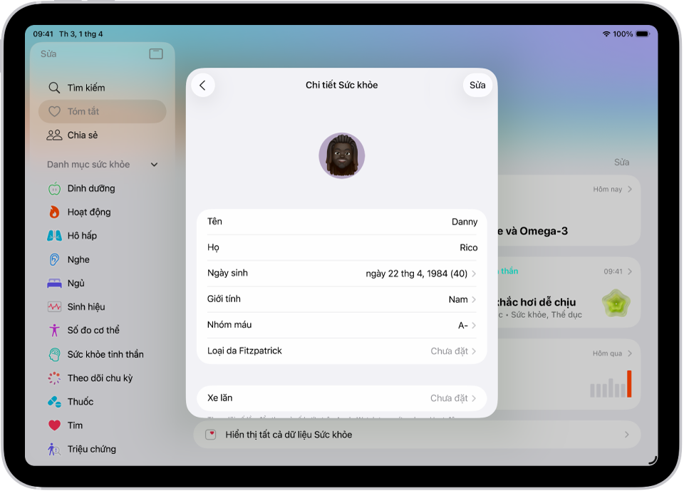 Màn hình Chi tiết sức khỏe, bao gồm các trường cho tên, ngày sinh, giới tính, nhóm máu và các thông tin khác.