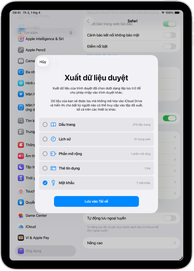 Màn hình Xuất dữ liệu duyệt, với tùy chọn Mật khẩu được chọn để xuất sang một trình quản lý mật khẩu khác.