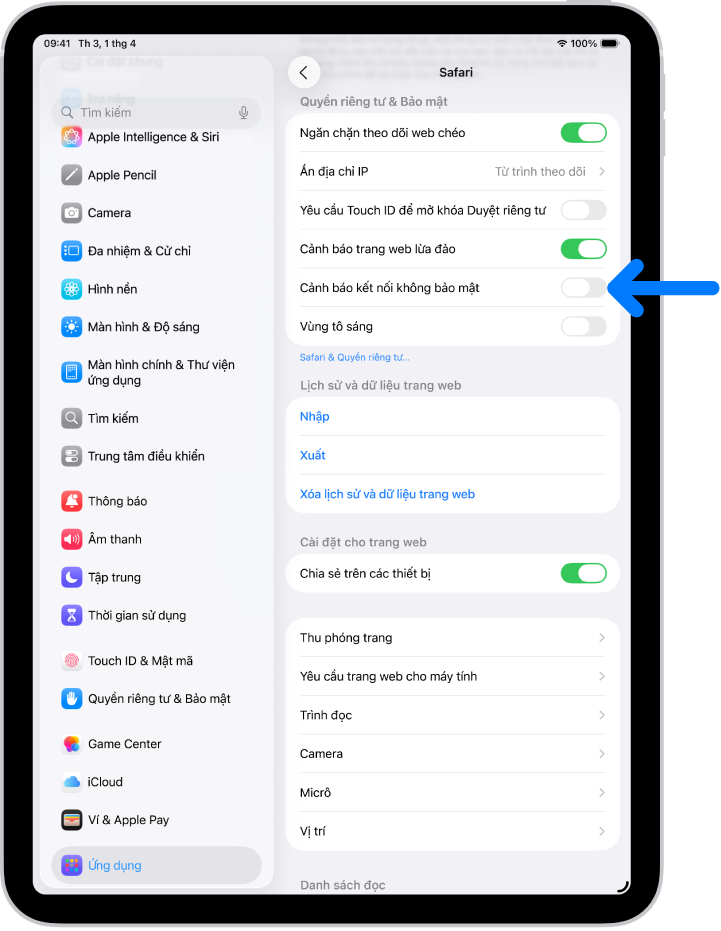 Điều khiển Cảnh báo kết nối không bảo mật, ở bên dưới Quyền riêng tư & Bảo mật trên màn hình Safari trong Cài đặt.