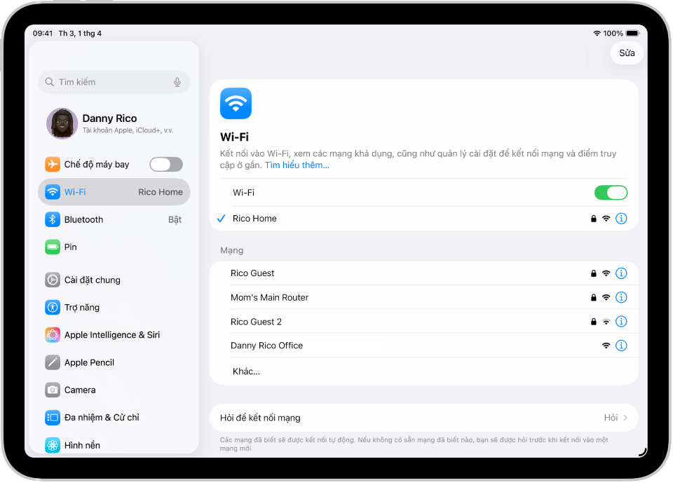 Màn hình Cài đặt đang hiển thị các mạng Wi-Fi khả dụng.