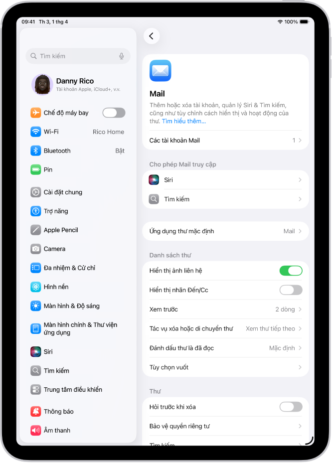 Màn hình cài đặt của Mail.