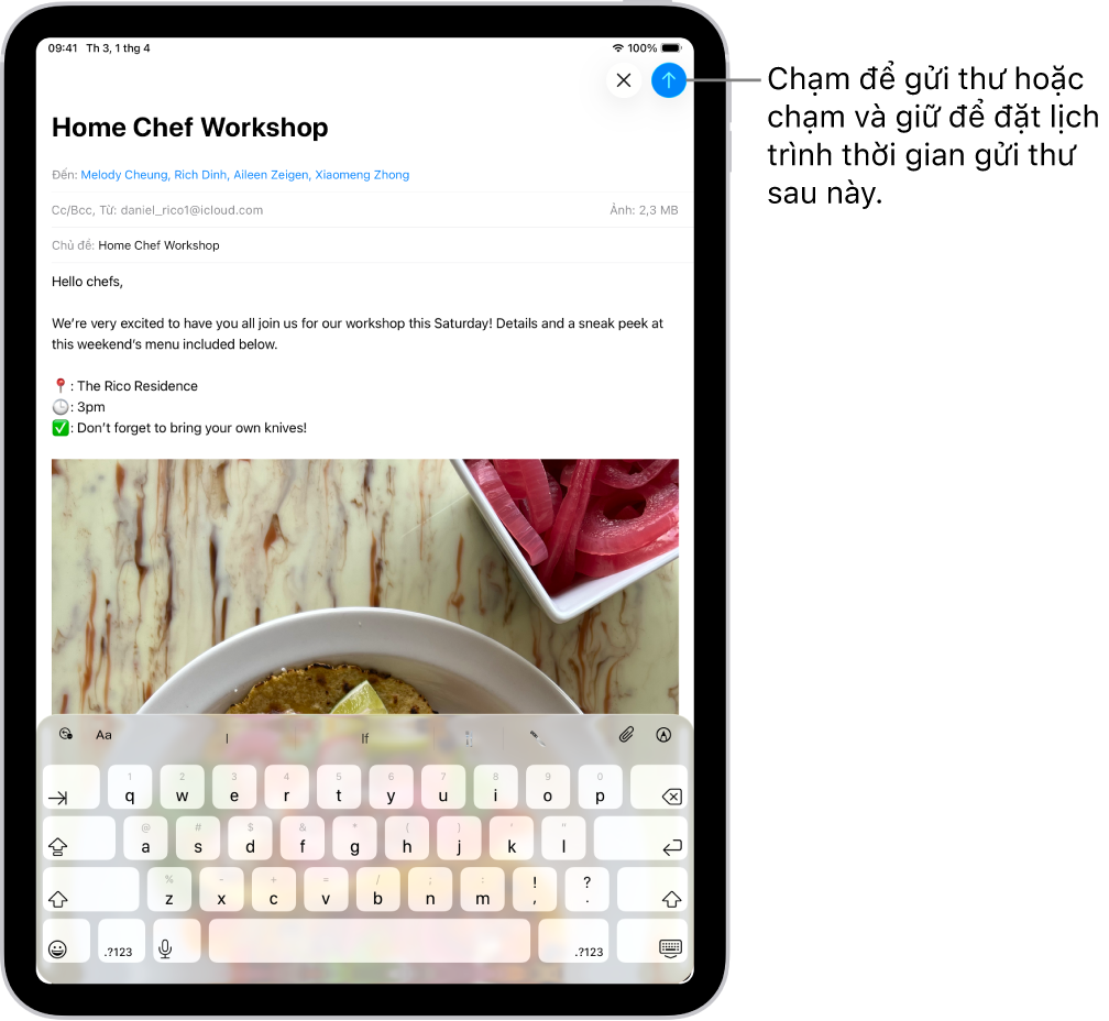 Một bản nháp email được mở trong ứng dụng Mail. Nút để gửi thư nằm ở góc trên cùng bên phải. Chạm để gửi thư hoặc chạm và giữ để đặt lịch trình một thời gian để gửi thư sau này.