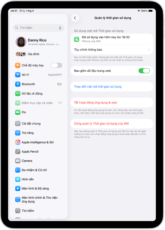 Màn hình Quản lý thời gian sử dụng cho một trẻ em trong gia đình, đang hiển thị lần gần đây nhất mật mã được sử dụng và trên thiết bị nào.