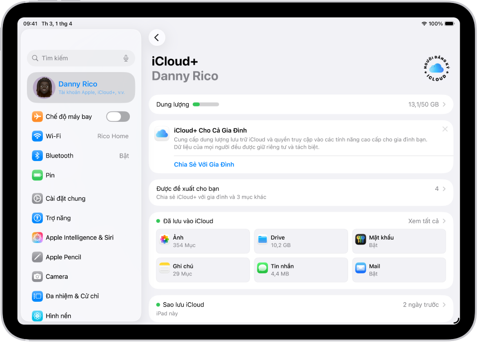 Màn hình cài đặt iCloud đang hiển thị công cụ đo dung lượng iCloud và một danh sách các ứng dụng và tính năng, bao gồm Ảnh, iCloud Drive và Mail iCloud có thể được sử dụng với iCloud.