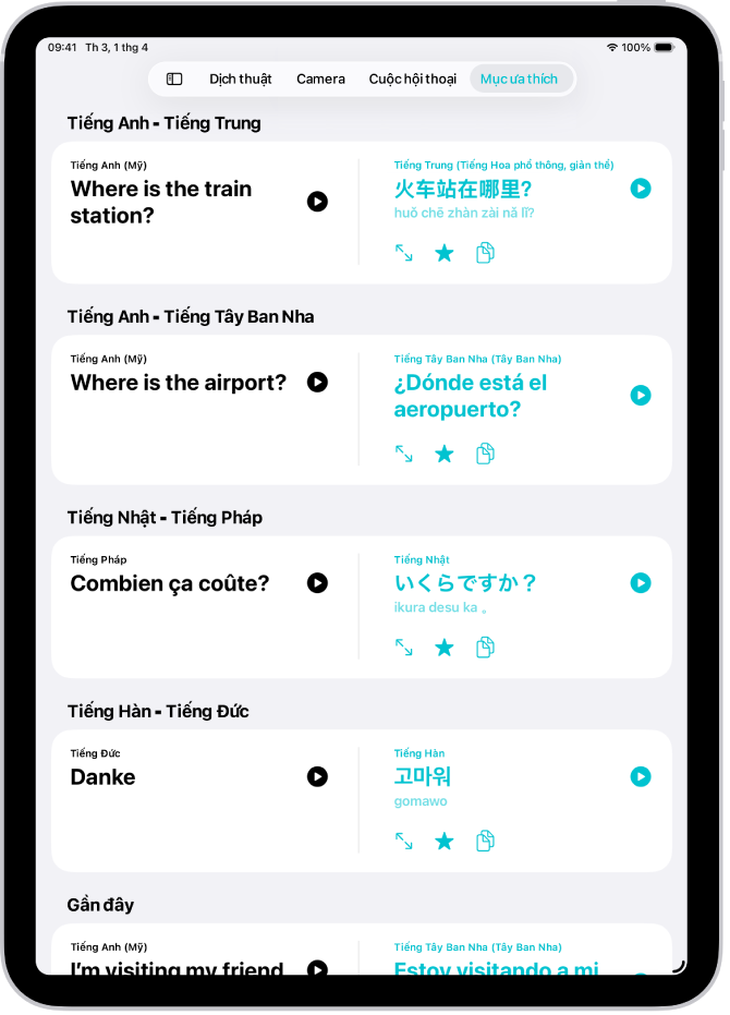 Thanh Mục ưa thích, đang hiển thị các cụm từ đã lưu được dịch sang nhiều ngôn ngữ.