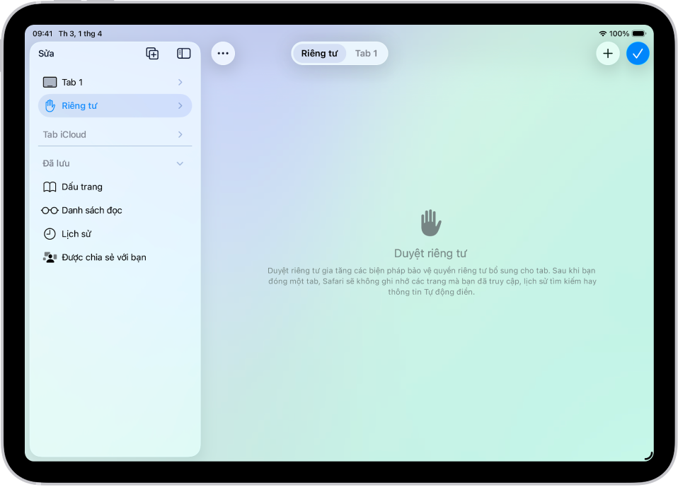 Thanh bên Safari nằm ở bên trái cửa sổ Safari được mở, với chế độ Riêng tư được chọn. Ở bên phải là phần giải thích rằng Safari sẽ không ghi nhớ hoạt động duyệt của bạn.