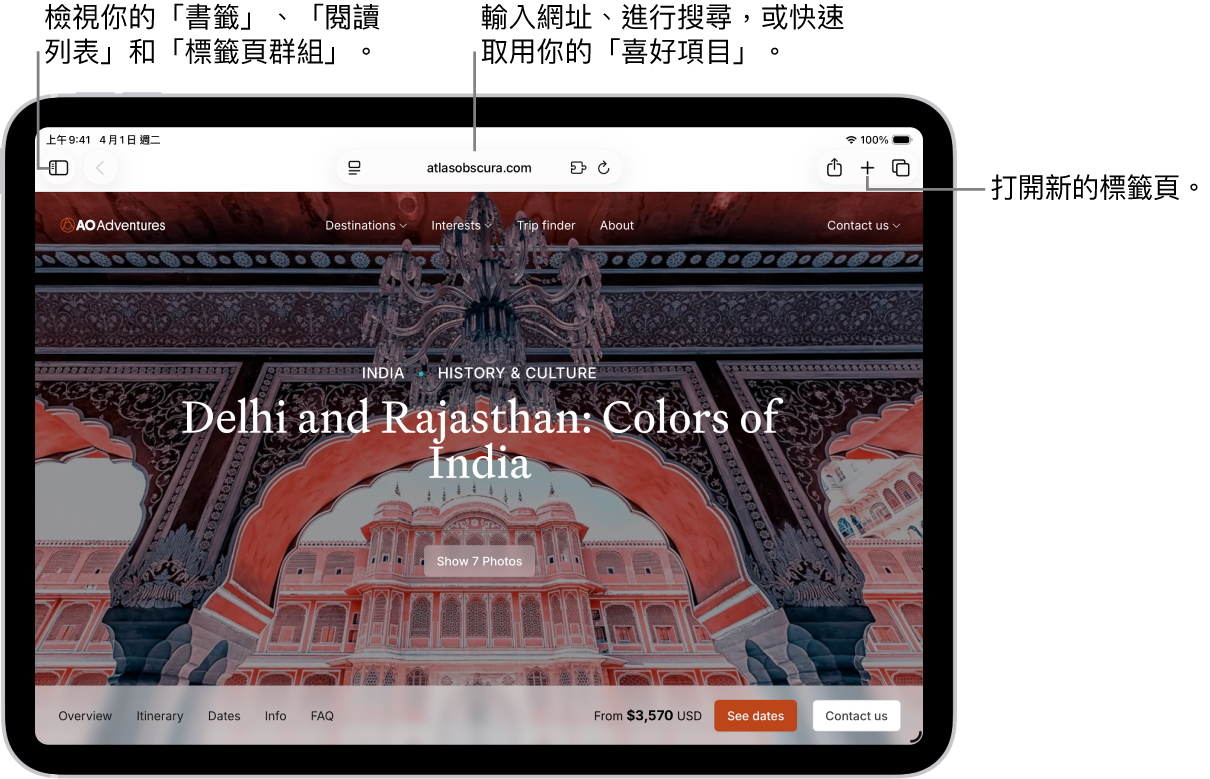 一個打開的網頁。螢幕頂部由左到右依次顯示「側邊欄」按鈕、「上一個」按鈕、搜尋欄位、「分享」按鈕、「新增標籤頁」按鈕和「標籤頁概覽」按鈕。