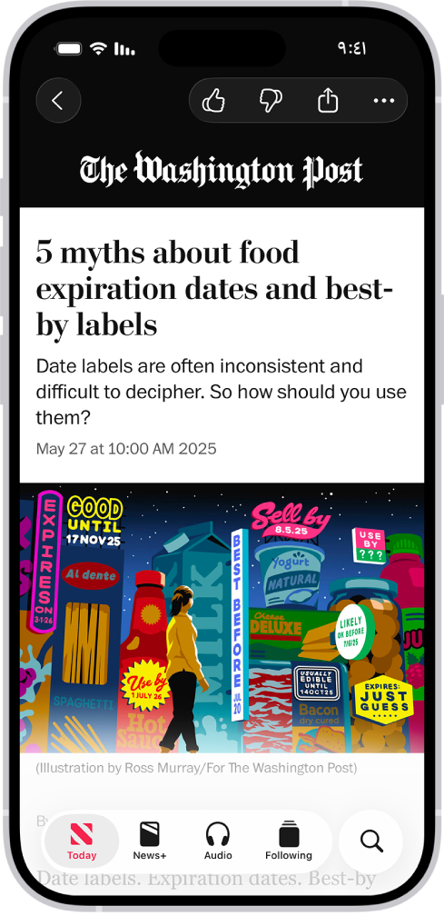 مقالة إخبارية في تطبيق الأخبار. في علامات التبويب عبر الجزء السفلي، Today محدد.