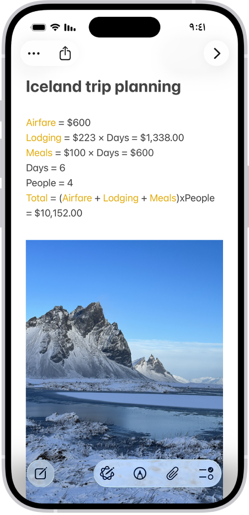 ملاحظة للتخطيط للرحلة، مع حساب تكاليف السفر وصورة.