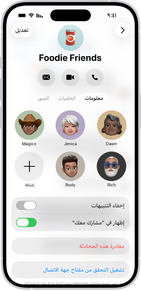 تفاصيل المحادثة لمجموعة ما.