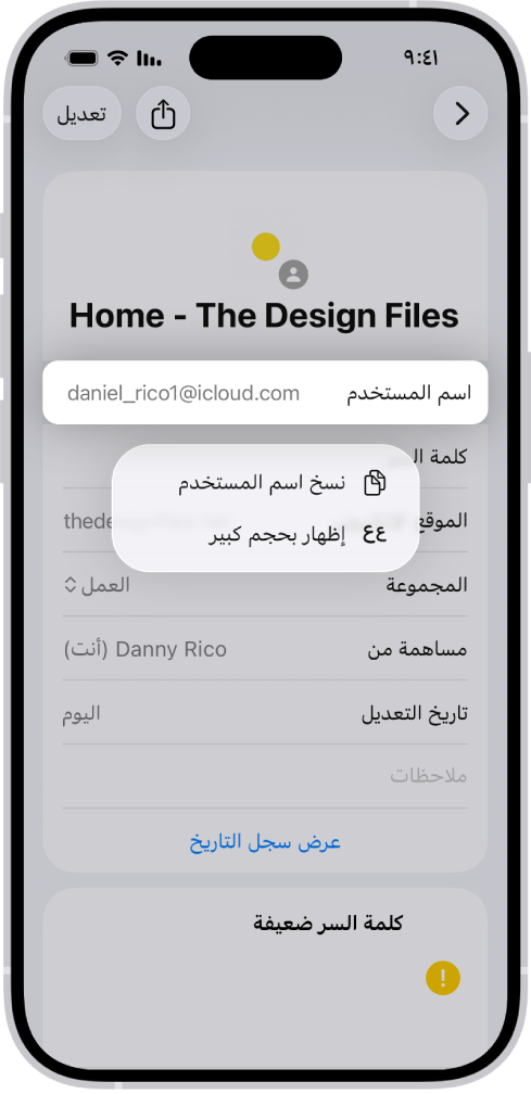 شاشة حساب تُظهر اسم المستخدم مميزًا، مع خيارات لنسخ اسم المستخدم وإظهاره بخط كبير.