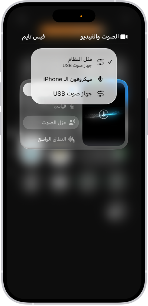 قائمة في مركز التحكم، تعرض خيارات مصدر الإدخال لتسجيل جانبك من مكالمة فيديو جماعية.