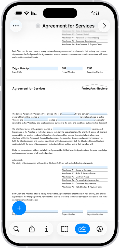 شاشة تعرض نموذج PDF مع تمييز الحقول القابلة للتعبئة. في أسفل الشاشة توجد أزرار إضافة تعليق توضيحي وتوصيف والتعبئة التلقائية واقتصاص والمعلومات ومشاركة وبحث. زر تعبئة تلقائية محدد.