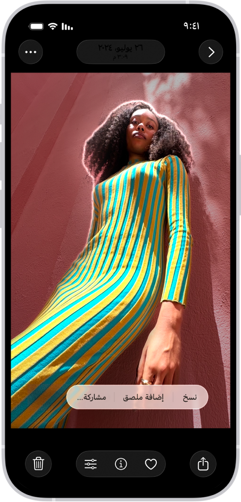 صورة مفتوحة في مكتبة تطبيق الصور. تم تحديد العنصر الموجود في منتصف الصورة وتظهر أزرار نسخ وإضافة ملصق ومشاركة فوقه.