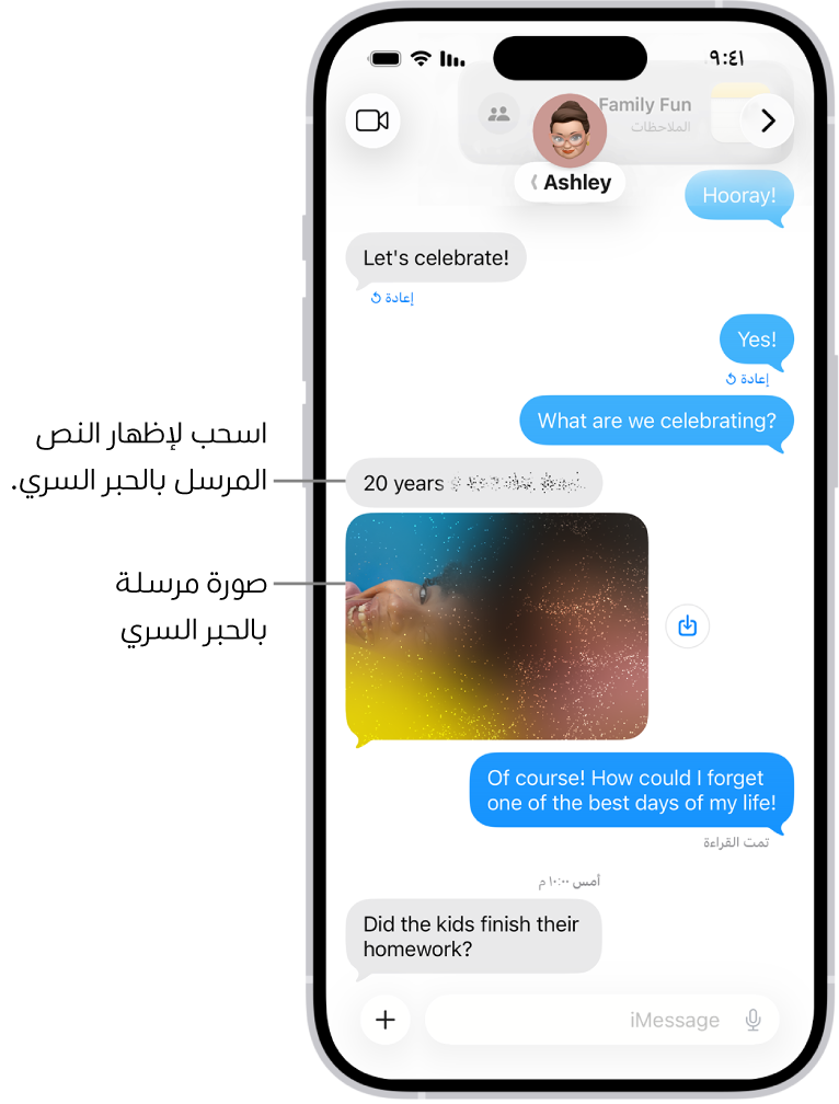 محادثة في الرسائل تظهر بها رسالة نصية وصورة مرسلة بتأثير حبر سري.