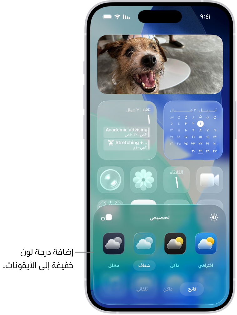 شاشة رئيسية مخصصة تظهر بها أيقونات ملونة بلون أزرق خفيف ومرتبة لتشكيل إطار على الصورة، وعناصر تحكم في الجزء السفلي من الشاشة لتخصيص الأيقونات. الخيارات تتضمن أزرار تلقائي وداكن وفاتح ومظللة، وخيارات لاختيار اللون والتشبع، وزري صغير وكبير لتعيين حجم الأيقونة.