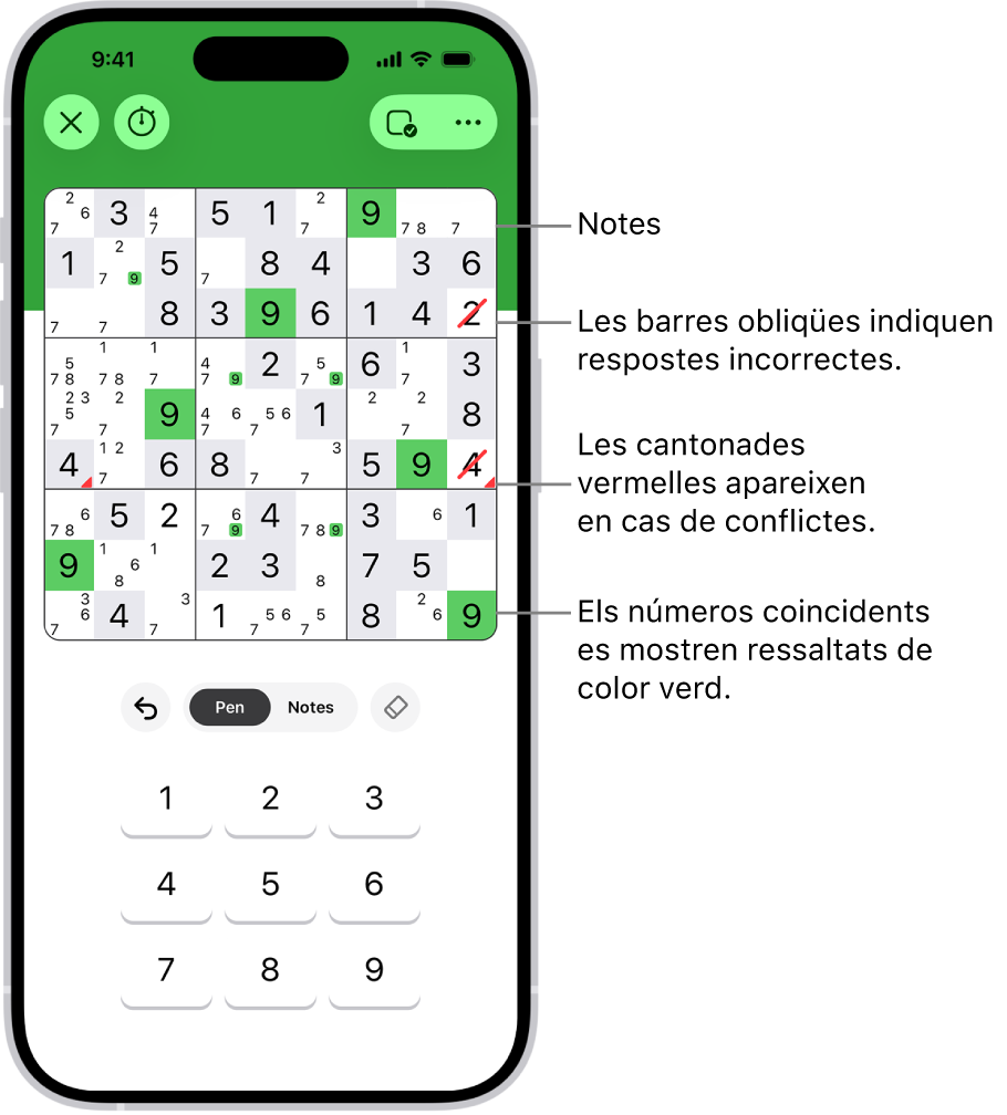 Un sudoku amb diferents funcions activades: notes, xifres coincidents ressaltades, conflictes i comprovació automàtica.