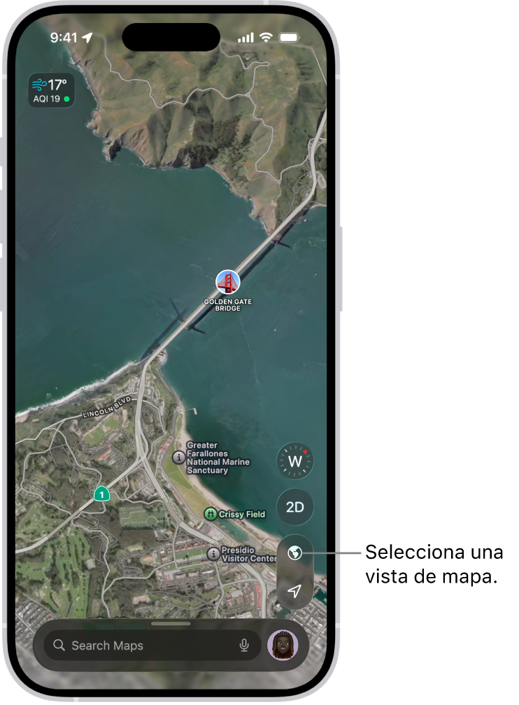 Un mapa d’un carrer i un parc en 3D que mostra arbres, punts d’interès i ubicacions com lavabos.