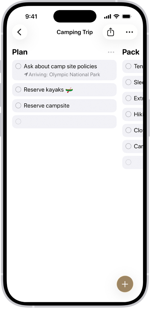 Appen Påmindelser, der viser en liste til en campingtur med kategorierne organiseret som kolonner.