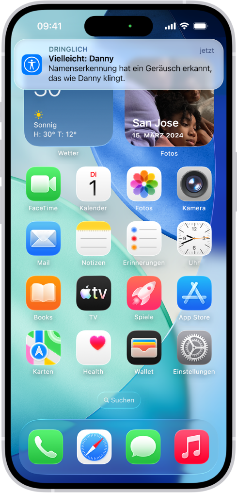 Eine Mitteilung wird auf dem iPhone angezeigt, dass die Namenserkennung ein Geräusch erkannt hat, das ein Name sein könnte.