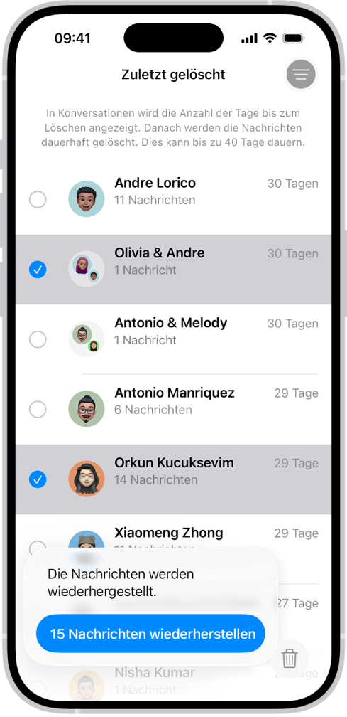 Alle Nachrichten, die in zwei Konversationen gelöscht wurden, werden wiederhergestellt.
