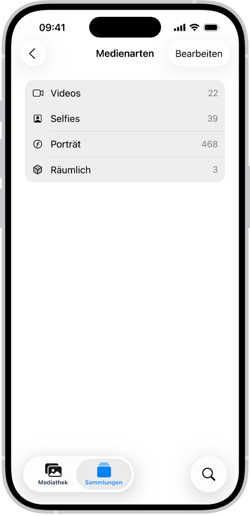 In der App „Fotos“ ist die Sammlung „Medienarten“ geöffnet und zeigt eine Liste mit Sammlungen von Fotos an.
