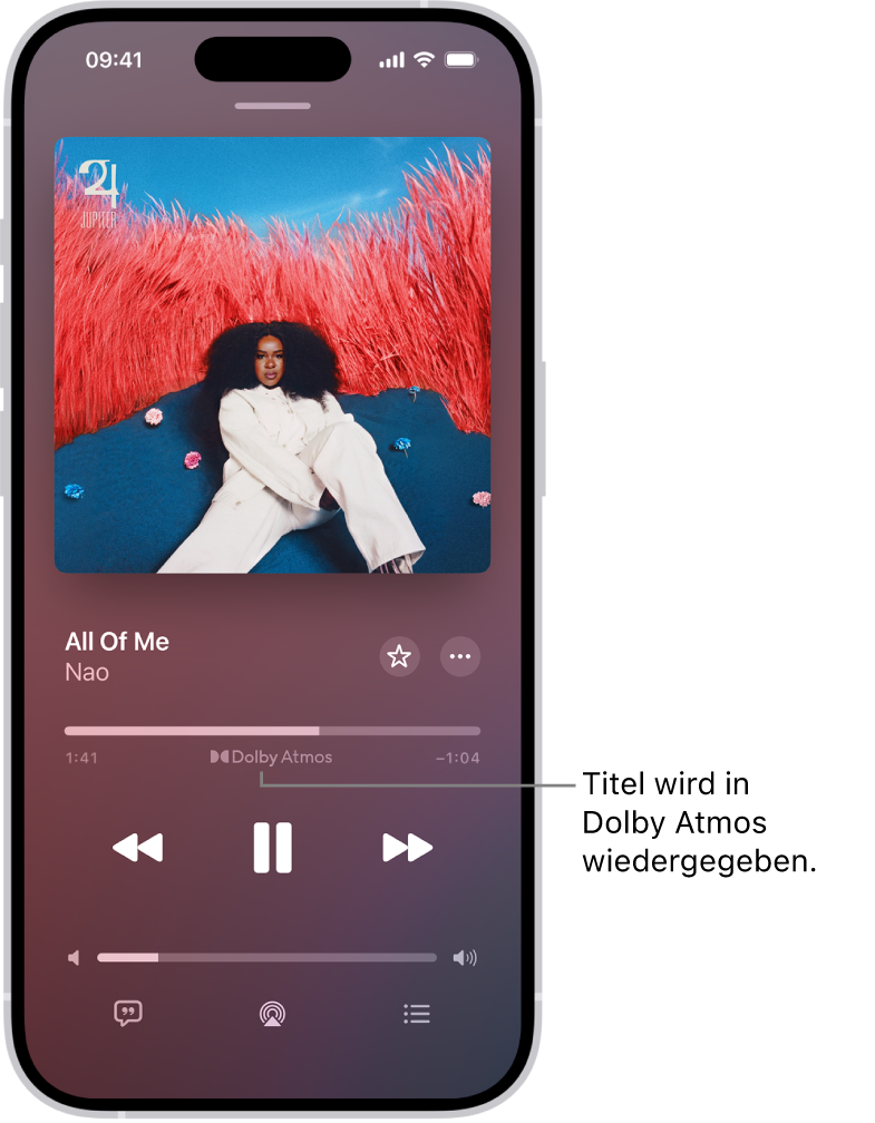 Der Bildschirm „Jetzt läuft“ mit dem Symbol „Dolby Atmos“ für den aktuell abgespielten Titel.