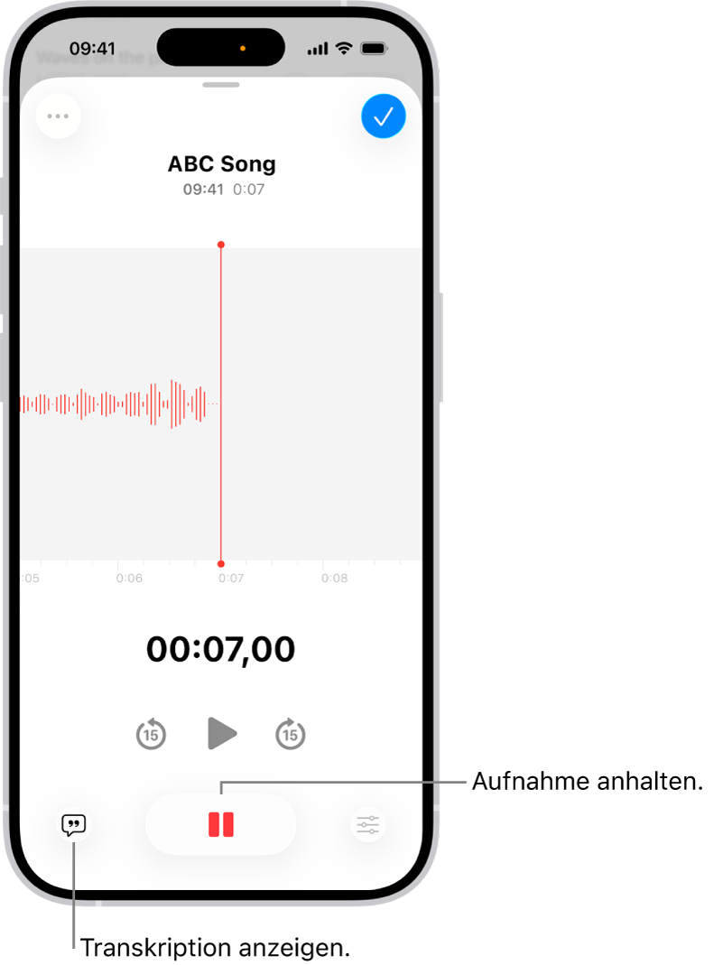 Eine Sprachmemo-Aufnahme zeigt eine Wellenform der Aufnahme, die gerade läuft, sowie eine Zeitanzeige und eine Taste zum Anhalten der Aufnahme.