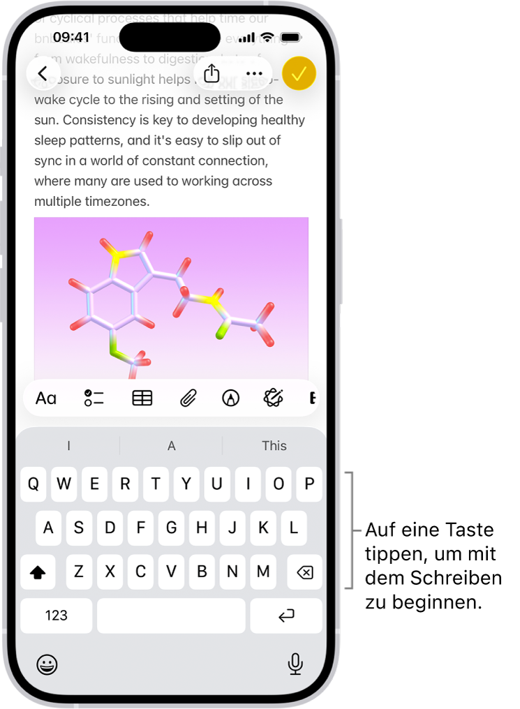 Ein Dokument ist in der App „Notizen“ geöffnet. Die Bildschirmtastatur befindet sich in der unteren Bildschirmhälfte.