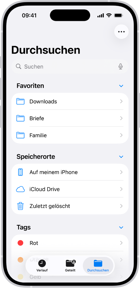 Die App „Dateien“ zeigt mehrere Ordner und Orte, namens „Downloads“, „Briefe“, „Familie“ usw. Unten auf dem Bildschirm befinden sich die Tasten „Verlauf“, „Geteilt“ und „Durchsuchen“.