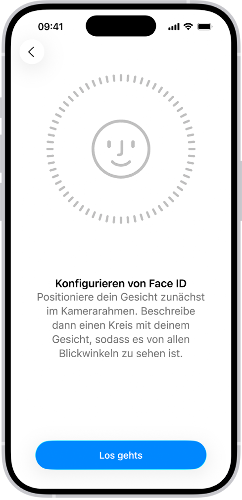 Der Konfigurationsbildschirm für die Face ID-Erkennung. Auf dem Bildschirm ist ein Gesicht zu sehen, das von einem Kreis umgeben ist. Der Text unter dem Gesicht weist den:die Benutzer:in an, den Kopf langsam zu bewegen, um den Kreis zu schließen.