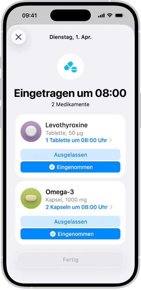 Der Bildschirm „Medikamente“ in der App „Health“ mit einem Protokoll für die Medikamenteneinnahme.