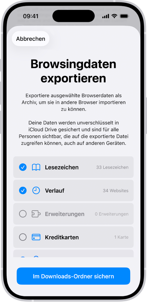 Der Bildschirm „Browsingdaten exportieren“ mit den Daten, die du von Safari in einen anderen Browser exportieren kannst.